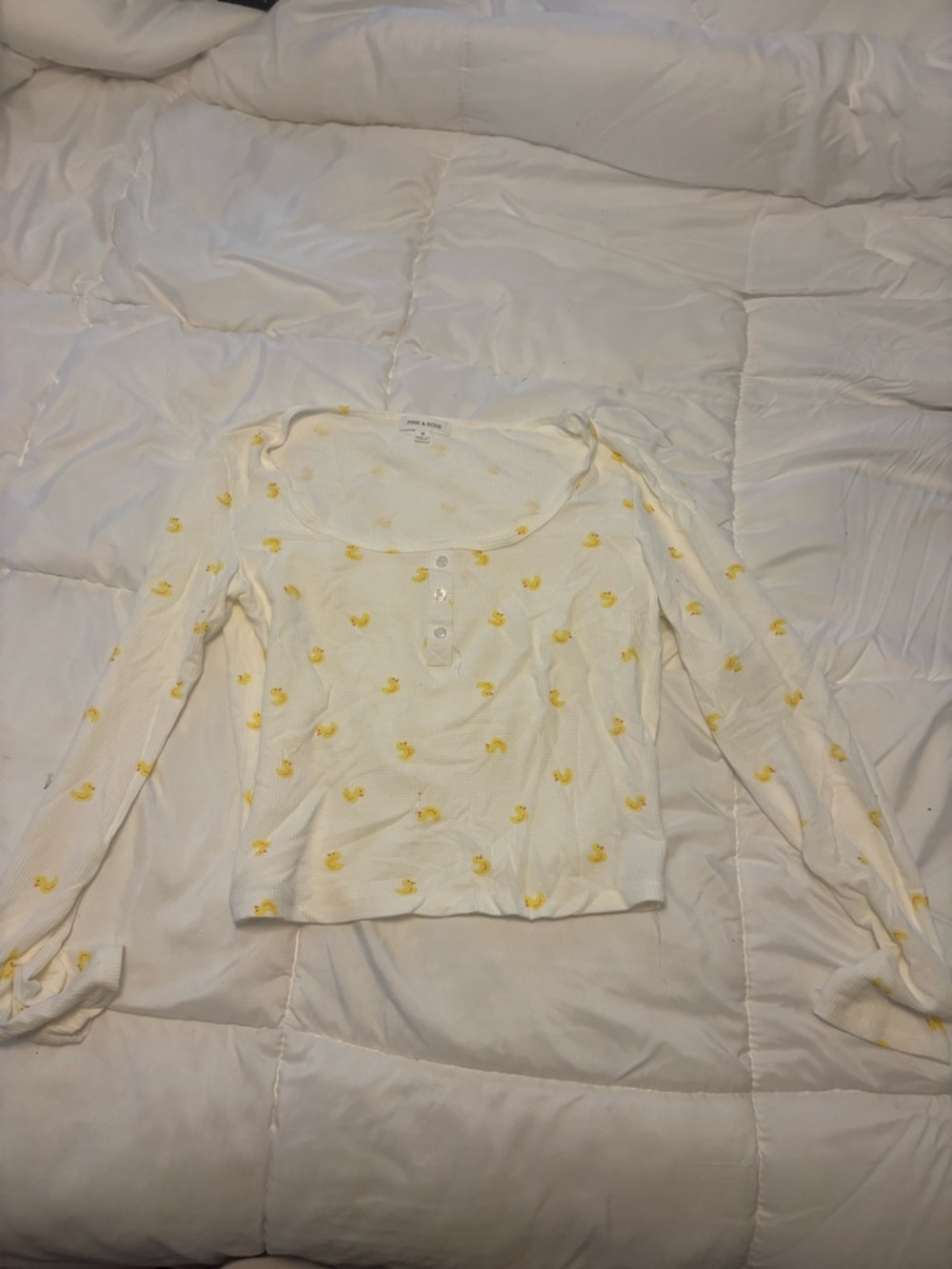 Pink Rose White Long Sleeve Henley Top with Yellow Daisy Embroidery